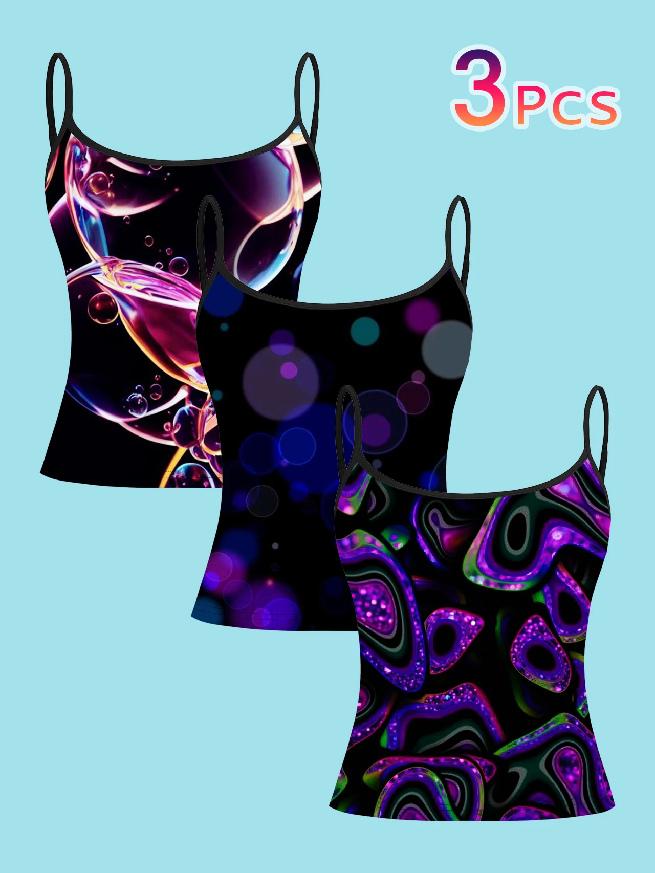3-Pack of Neon Abstract Fluid Print Camisoles for Women, Black Base with Glass Bubble Spots and Psychedelic Patterns, Slim Fit with Thin Straps, Inner Wear Tops