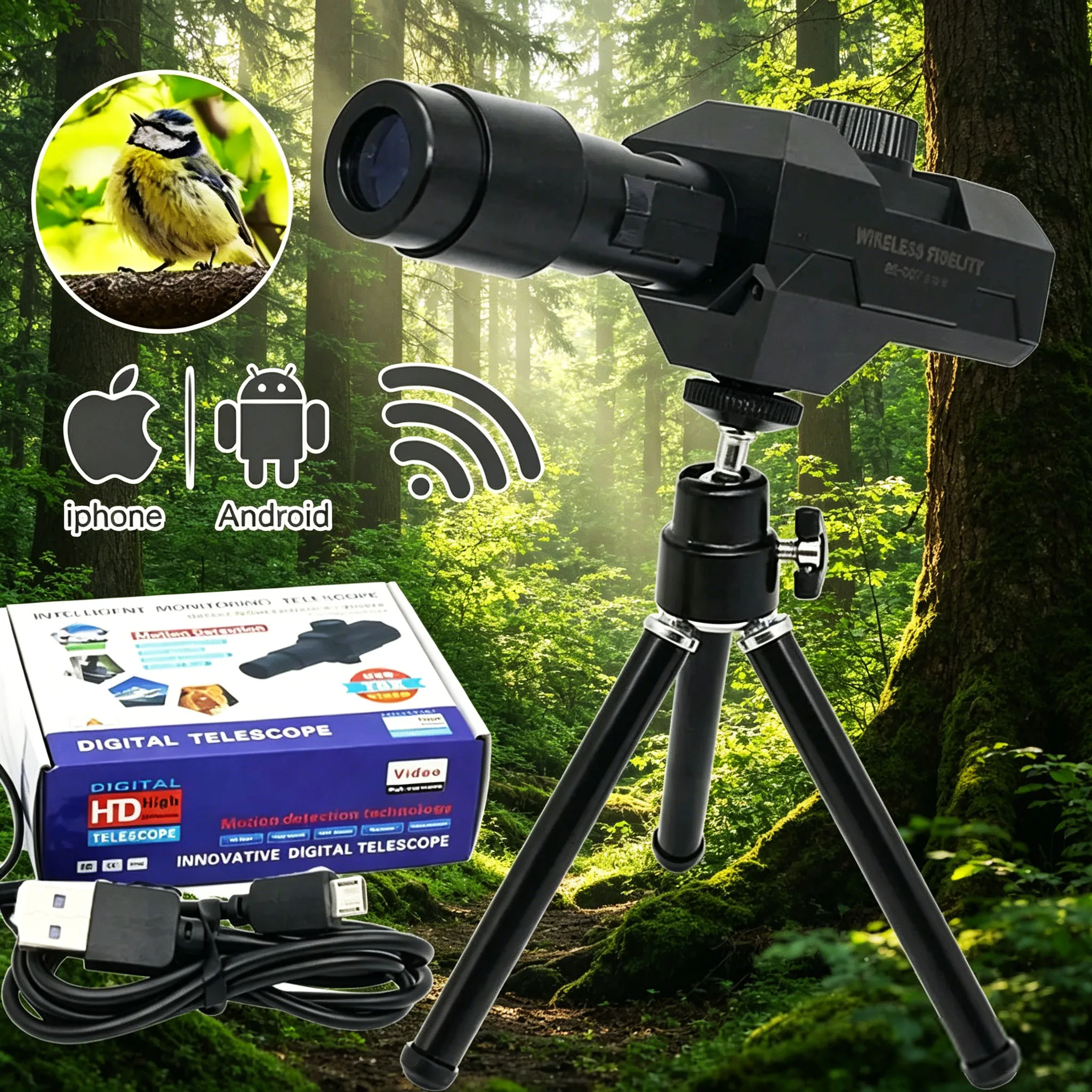 WiFi Digital Telescope,70x Zoom 1920X1080 Monocular Camera Monitor with Tripod Cellphone APP Control Support Android IOS System