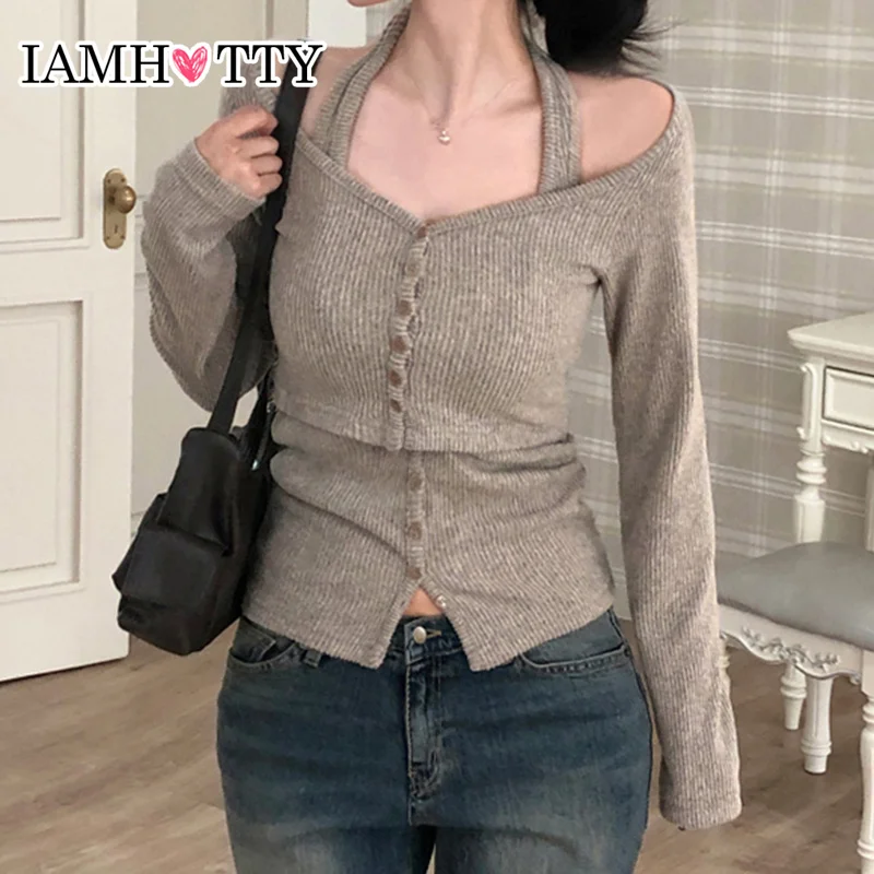 IAMHOTTY Single-breasted Crop Top and Pullover Two Piece Set Women's Autumn Chic Elegant Slim-fitting Knitted Matching Suits New