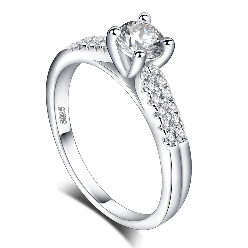

2 Row Luxurious CZ Rings Female 925 Sterling Silver Ring Bijoux White 4 Prong Zirconia Wedding Rings for Women Jewelry