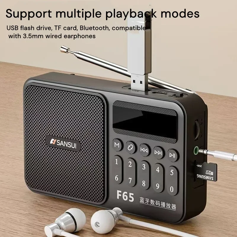 SANSUI F65 Retro Wireless Bluetooth Speaker Portable FM Radio Stereo Subwoofer Mini Plug in Walkman Full Band MP3 Music Player