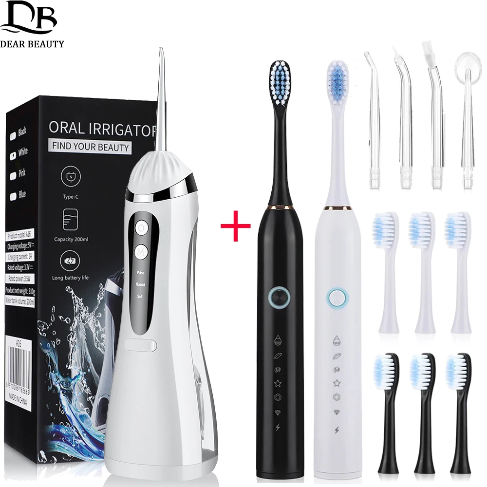 Portable Oral Irrigator Water Flosser + Electric Toothbrush Rechargeable Dental Water Jet Teeth Cleaning Whitening Oral Care Set