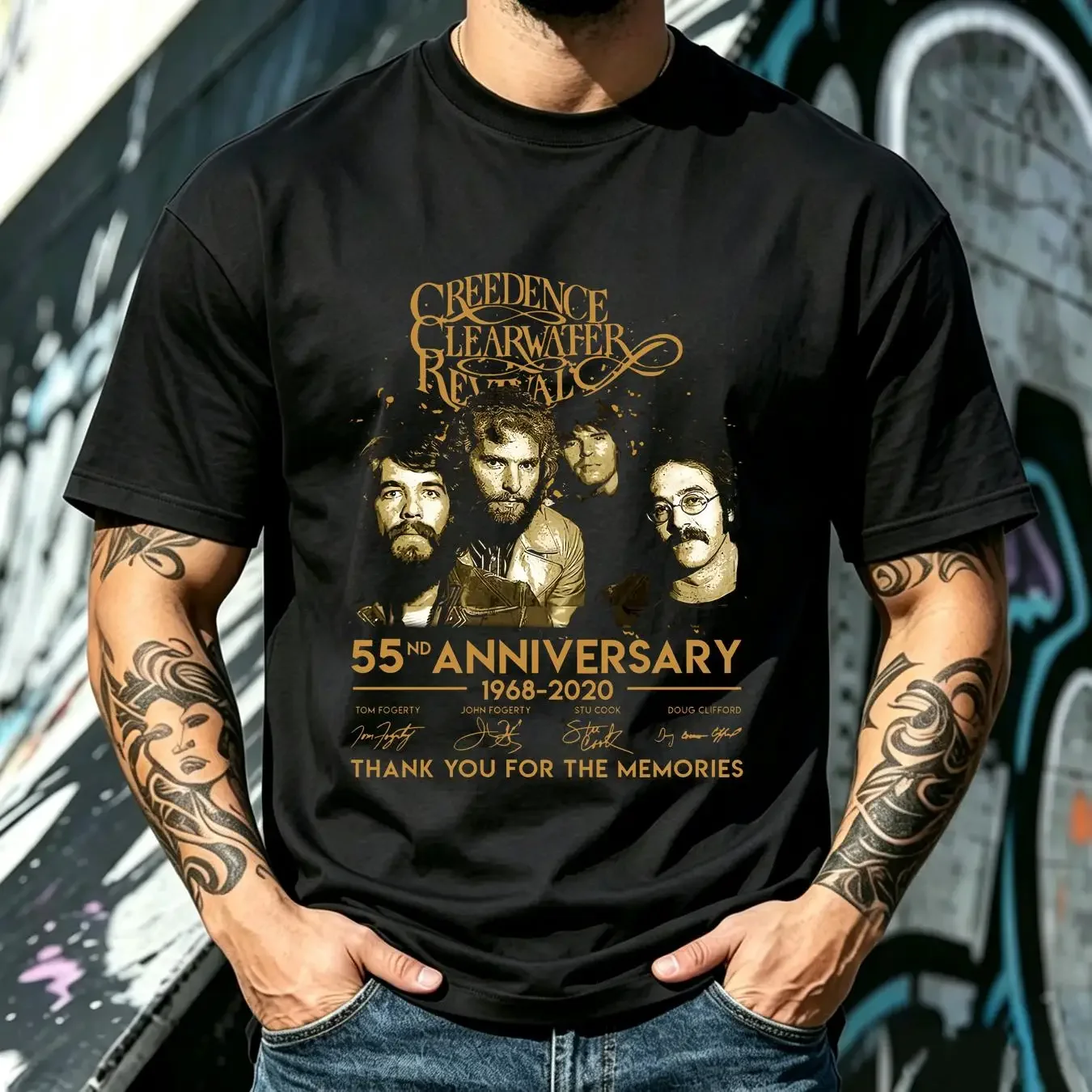 washed T Shirt New Popular 55 Years Creedence Clearwater Revival Cotton Men All Size Sh vintage Washed Unisex streetwear homme