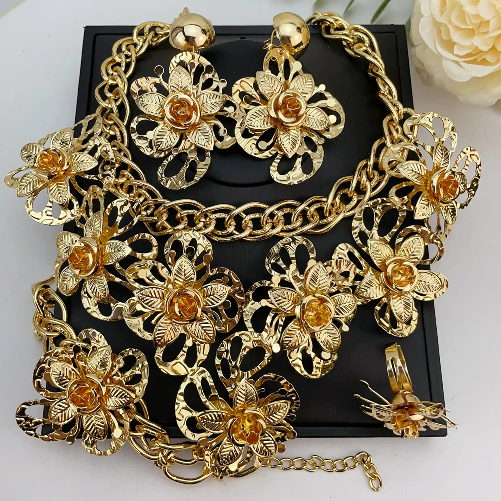 Fashion Italian Dubai Gold Plated Jewelry Set Simple Style Necklace All Copper Material Light Weight Flower Jewelry FHK23780