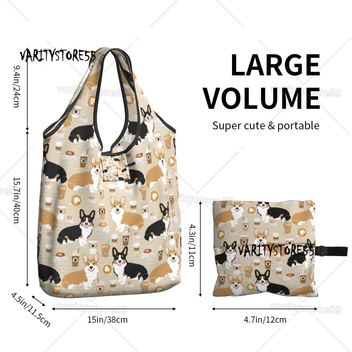 Recycling Coffee Welsh Corgis Dog Shopping Bag Women Tote Bag Portable Grocery Shopper Bags