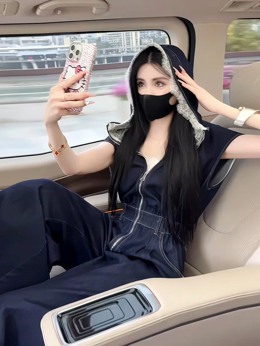 

Retro American Denim Rer with Lace Trim Thin High Waist Wide Leg Pants Commute Sle Cotton Fabric Summer Faionable