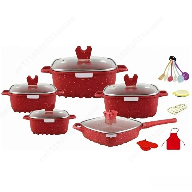 25Pcs Die Cast Aluminum Cookware Set Square Soup Pot Non Stick Kitchen Kit Marble & Granite Coating Household Cooking Utensils