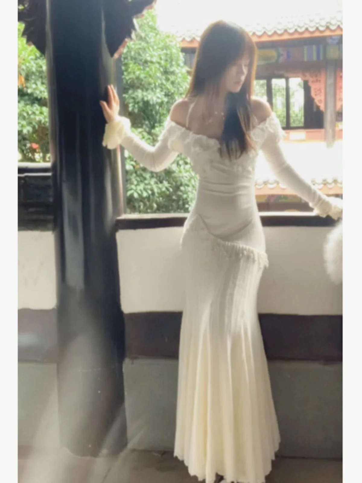 

Уникальное корейское платье-русалка на одно плечо с высокой талией, хлопковое, с длинным рукавом, миди, в комплекте с юбкой и весенним пальто