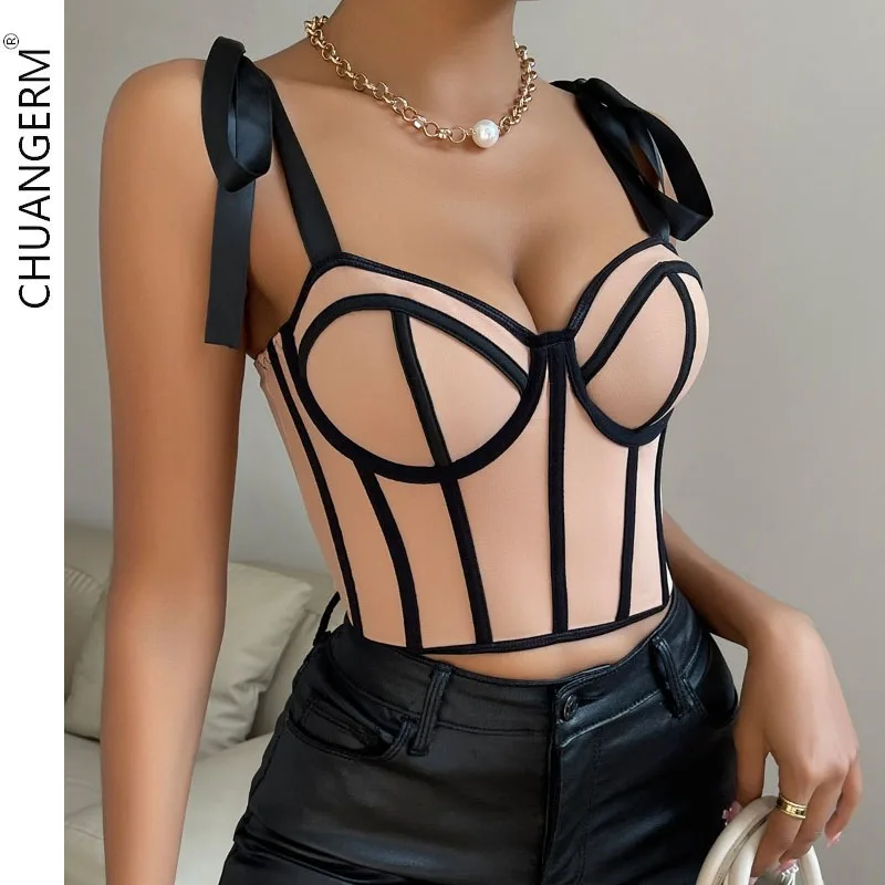 

CHUANGERM Sexy Exposed Navel Corset Beach Camis Streetwear Tube Tops Women 2024 Summer Lace Up Straps Crop Tops Patchwork Stripe