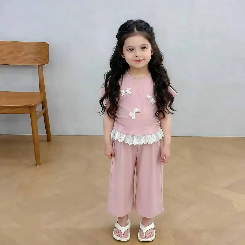 Children Summer T-Shirt Suit Kids Cute Bow Print Set Girls Short-Sleeve Lace-Panel Top+Straight-Leg Pants 2Pc 2-8 Years