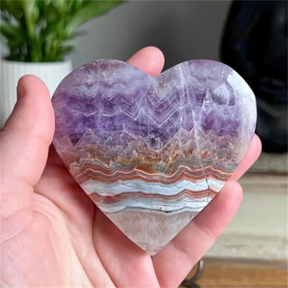 Mexican Amethyst Crazy Lace Agate Heart Palm Stone Healing Decor Energy Gift 1PC