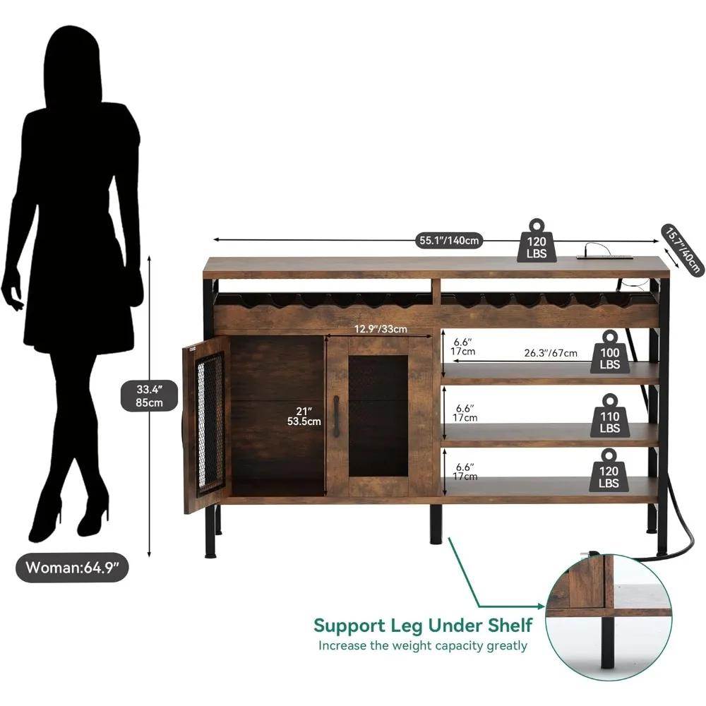 LEDライト付きワインバーキャビネット、工業用キャビネット、電源コンセント付きキャビネット、酒とグラス用のバーテーブルスタンド、55インチ
