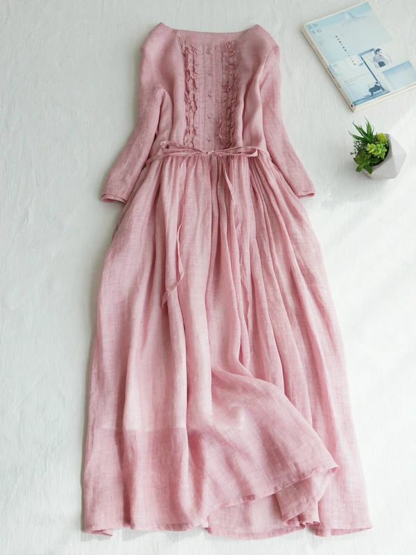 

Retro round Neck Fairy Skirt Korean Japanese Brand Loose Fit Long Dress with Waist Cinching Wooden Trim Artistic Style