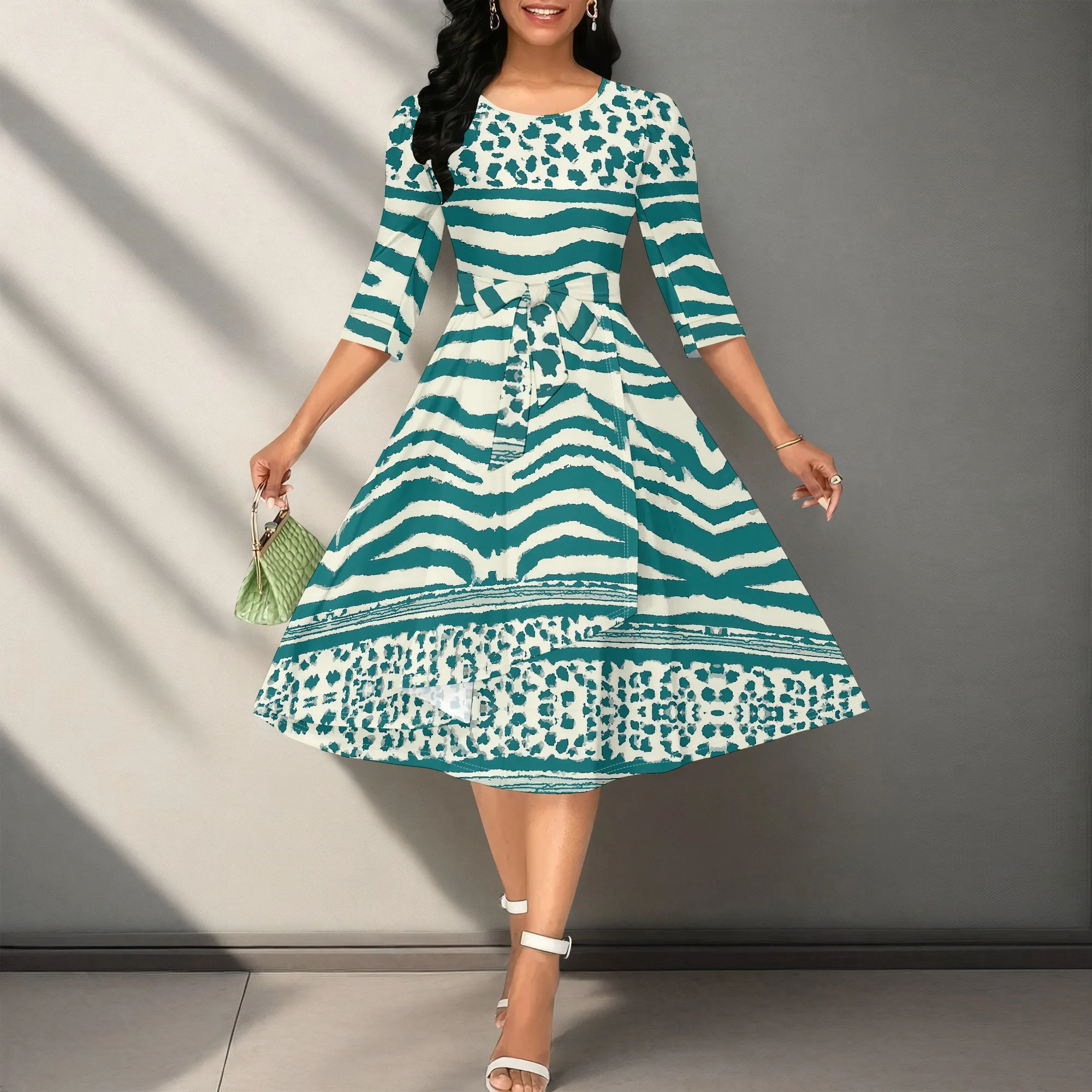 

Women's Green Zebra Print A Line Midi Dress XS-3XL 3/4 Sleeve Leopard Patchwork Elegant Office Party Church Wedding Dress