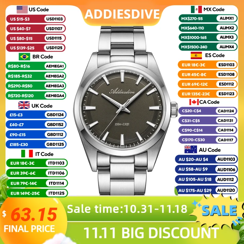 ADDIESDIVE Quartz Watches For Men VH31 Bubble Mirror Glass BGW9 Luminous Waterproof 100m Luxury Dress Watches AD2066 WristWatch