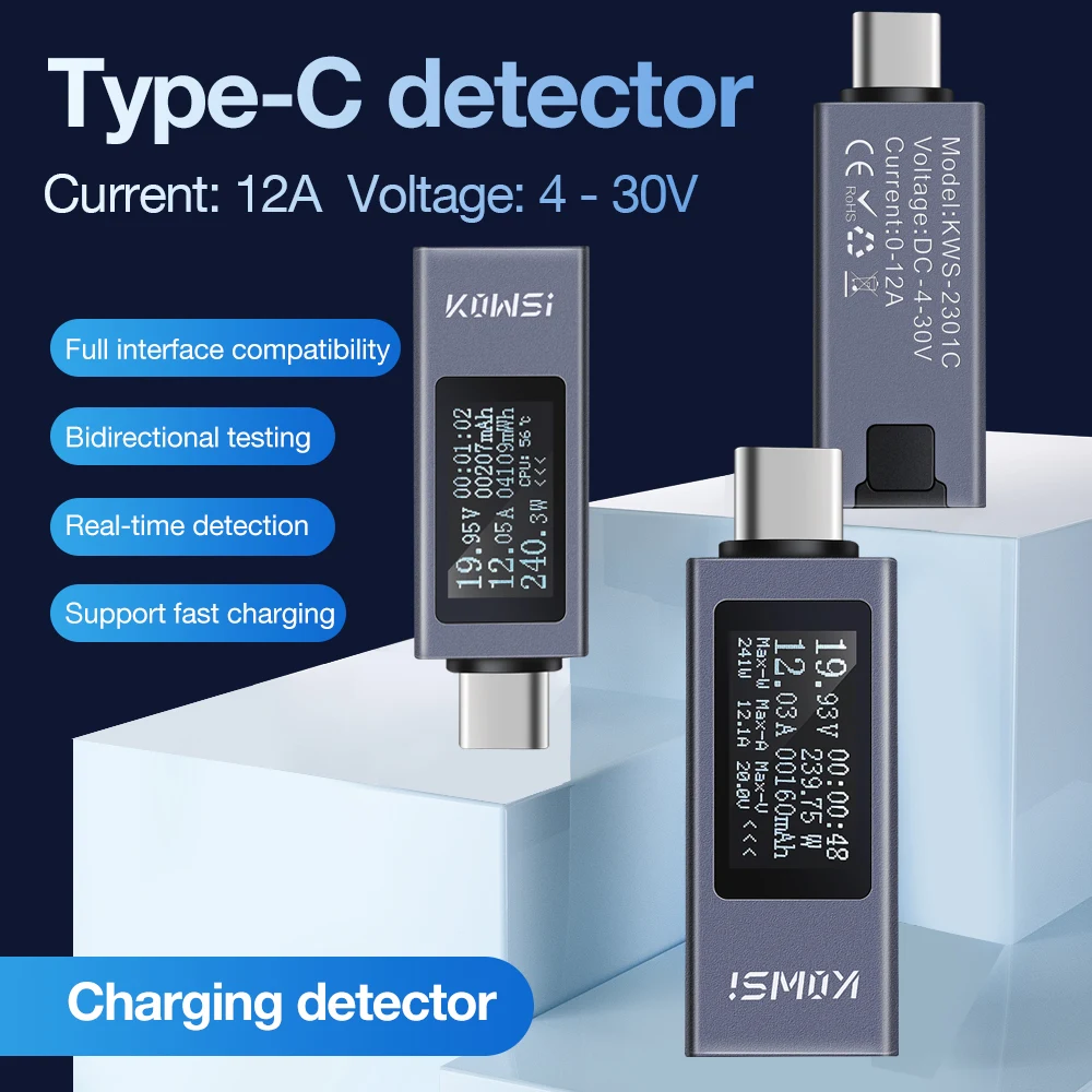 Type-C Tester LCD Digital Voltmeter Ammeter Power Meter Charging Detector for Cell Phone Power Bank KWS-2301C DC4-30V 0-12A