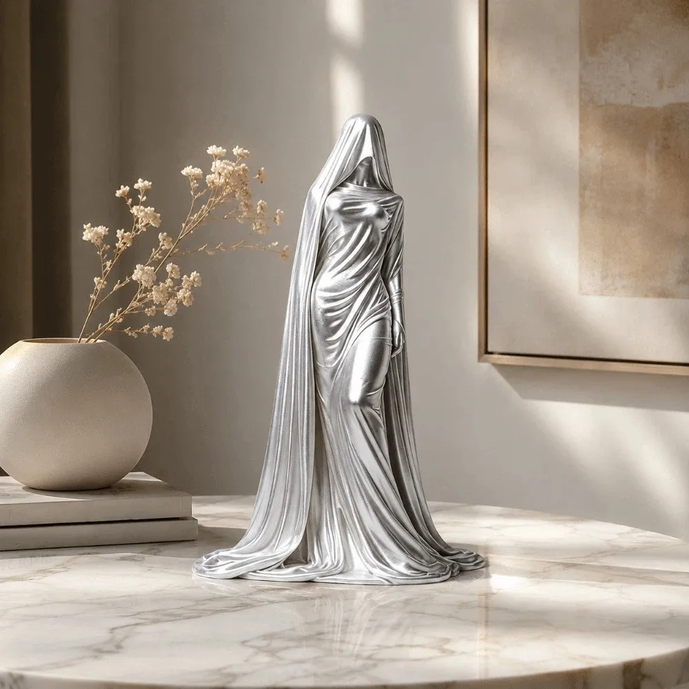 Creative 3D Design Masked Lady Figurine Decoration Desktop Ornaments Cloak Woman Statue Ghost Girl Character Sculpture Halloween