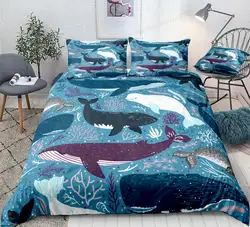 Ocean Duvet Cover Set Blue Whale Bedding Set Sea Animal Bed Linen Striped Beds Set Kids Teens Home Textile Microfiber Bedclothes