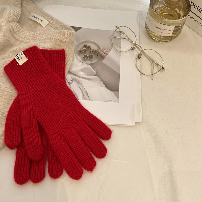 Solid Color Ins Knitted Knitting Wool Gloves Simple Autumn Winter Korean Style  Finger Touch Screen Warm Finger Containing Wool