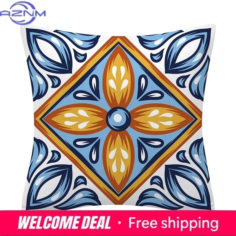 Ethnic Style Sofa Cushion Blue and Yellow Mandala Pattern Pillowcase Home Decoration Sofa Bedroom Car Pillowcase