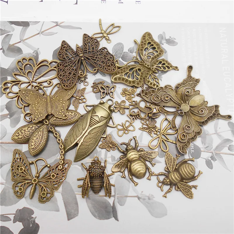 Julie Wang 10PCS Butterfly Dragonfly Charms Random Mix Alloy Insect Antique Bronze Silver Color Necklace Bracelet Jewelry Making