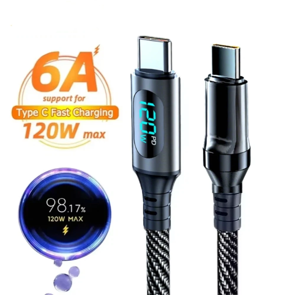 Ultra-Super Fast Charge Cable 120W USB A To Type C Nylon Data Cord With Led Digital Display Cable For Xiaomi Redmi Samsung 2026