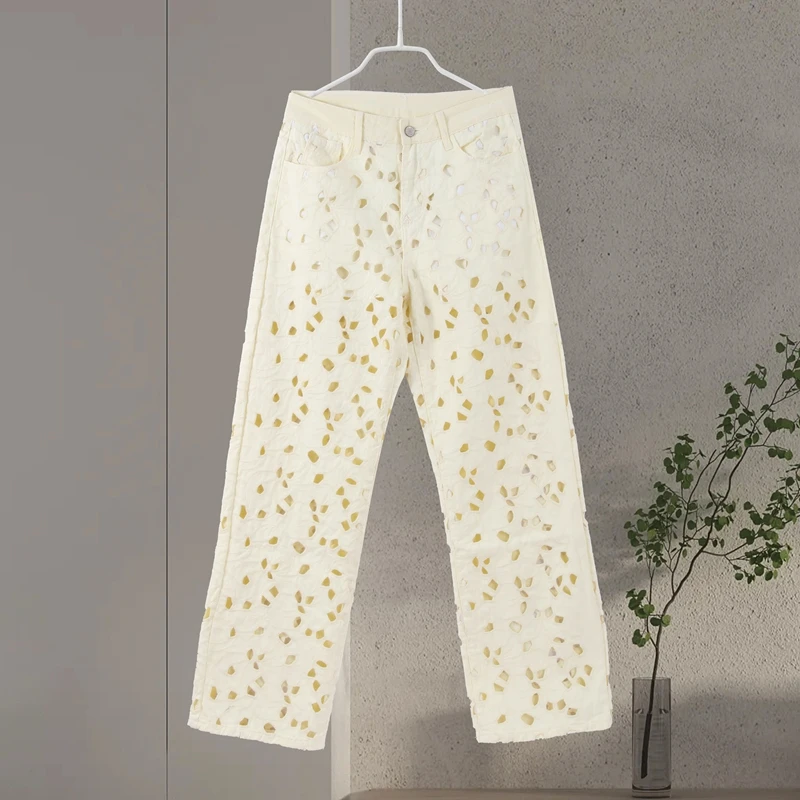 Hollow Out Jeans For Women Sexy White Flower Holes Zipper Pocket Straight Wige Leg Pants Female 2025 Autumn Chic Lady Trousers