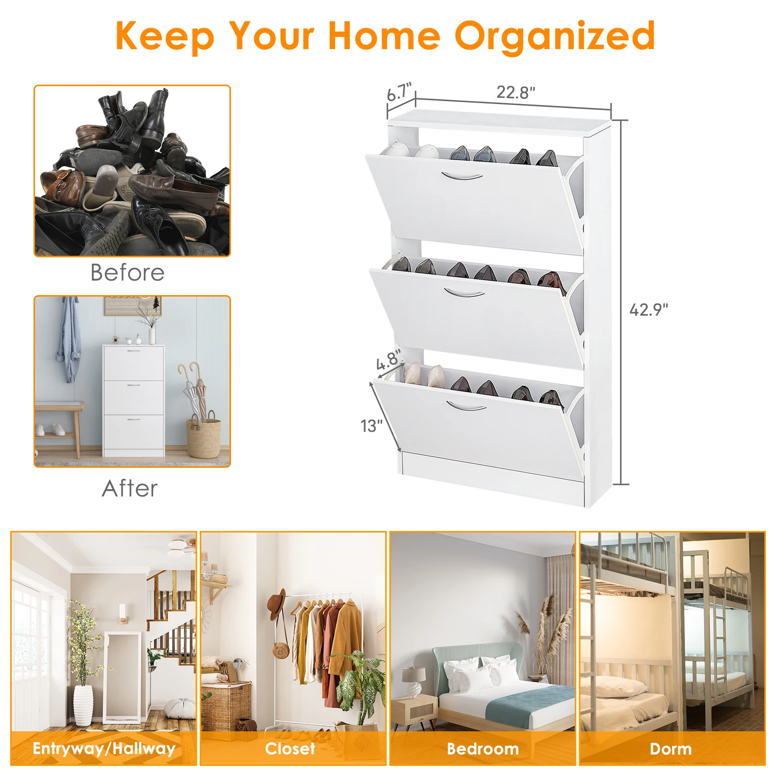 Shoe Cabinet for Entryway White Narrow Shoe Storage Cabinet Flip Down Shoe Rack Wood 3 Tier Shoe Organizer for Home