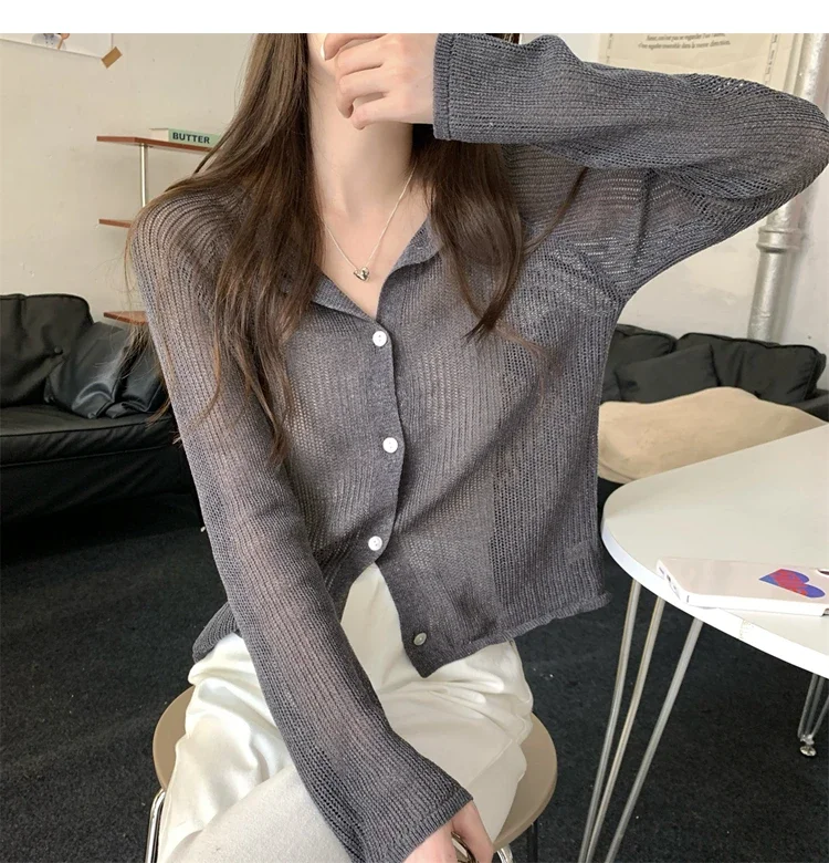 Semi-Sheer Knitted Cardigan for Women Teen-girl Long Sleeve Button Down Sweater Tops Cover Up Spring Summer Basic Outfit