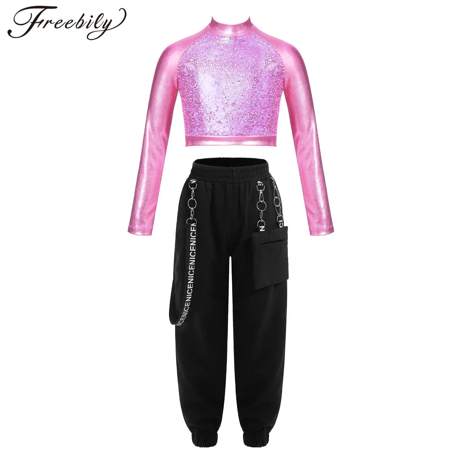

Children Girls Hiphop Clothes Outfits Jazz Dance Costumes Performance Wear Kids Shiny Metallic Sequin Crop Top with Cargo Pants