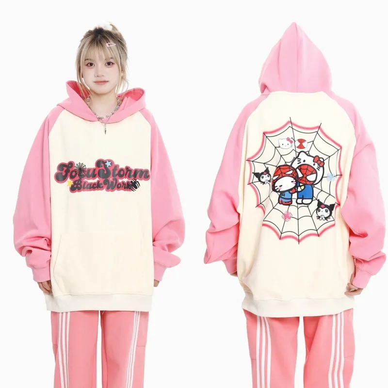 Hello Kitty Funny Print Raglan Contrast Hooded Sweatshirt Women's New Dopamine Cute Hoodie Japanese Style Sweet Casual Pullover