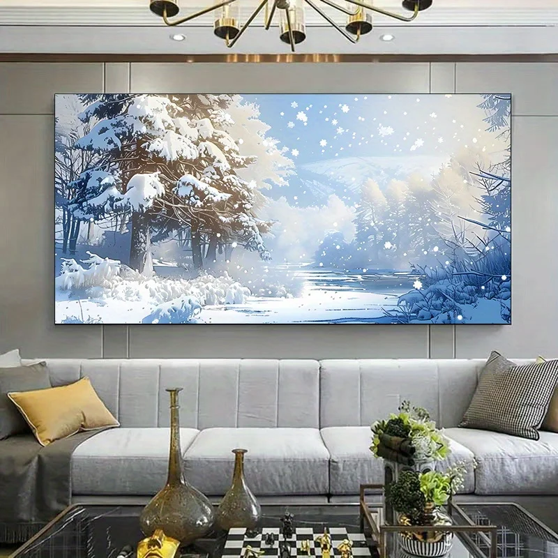 Winter Landscape Canvas Art -Serene Snowy Forest Scene with Lake, Modern Wall Decor for Living Room and Bedroom