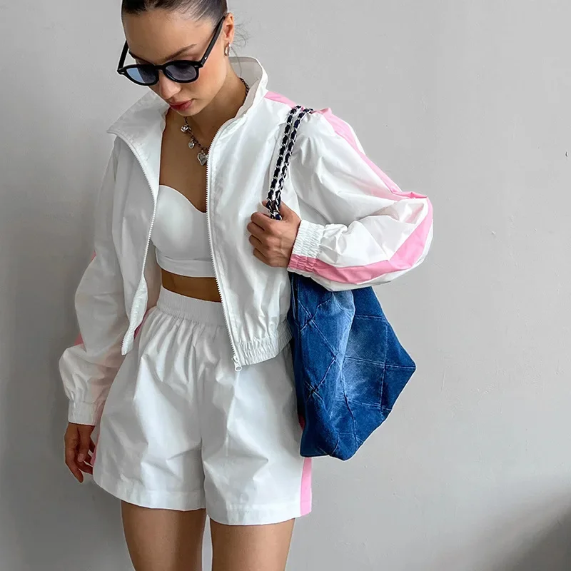 Pant Set Women Turn Down Collar Full Sleeve Zipper Coats Y2k Streetwear Work Sport Elastic Waist Short Pants Patchwork Casual