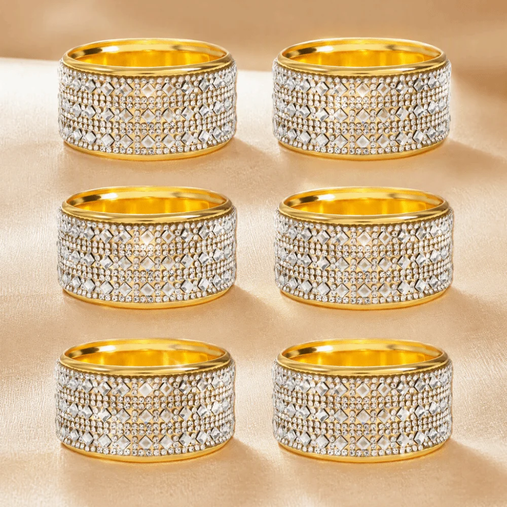 6pcs Metal Rhinestone Napkin Rings Rhinestone Crystal 1.77in Gold Napkin Rings Buckle Closure Table Decoration Serviette Rings