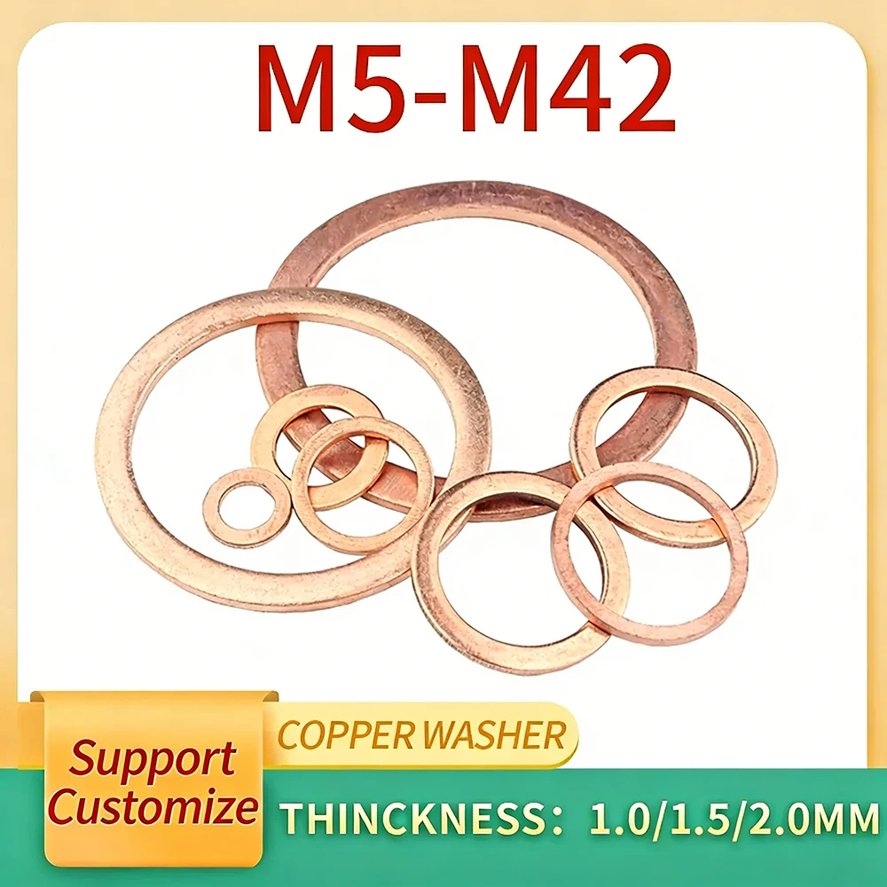 2/5/10/20/50Pcs M5 M6 M8 M10 M20-M42 Solid Copper Washer Shim Flat Ring Gasket Rings Seal Plain Spacer Washers Support Customize