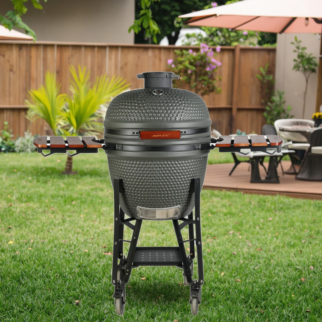 

Outdoor Kitchen 23.5inch Ceramic Green Powder Coated Stainless Steel Big Kamado Grill 23" to 29 Inch Charcoal BBQ Trolley