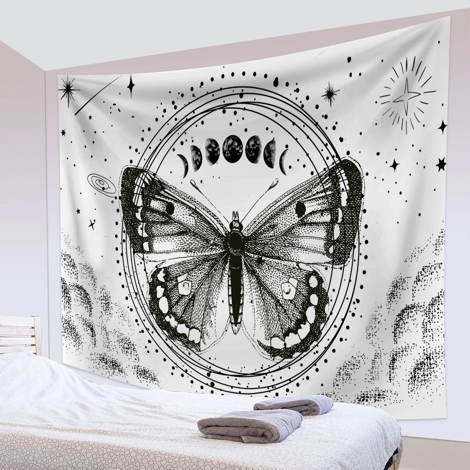 Butterflies and Moths Tapestry Black and White Flower Tapestry Wall Hanging Beach Blanket Romantic Bedroom Dorm Home Decor