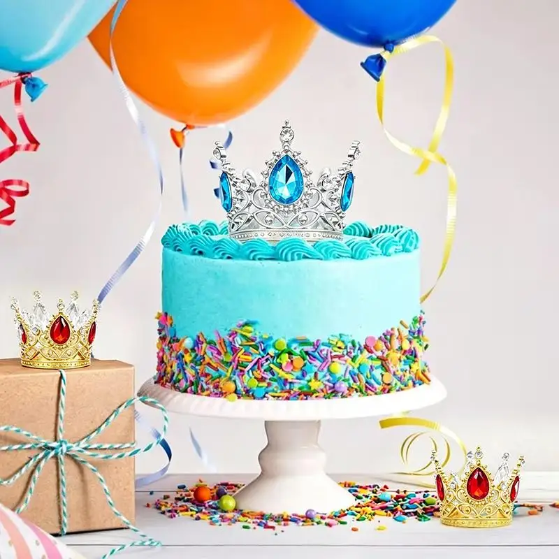1PCS Gold Silver Queen Crown Birthday Cake Topper For Women Rhinestone Crystal Tiara Wedding Happy Birthday Cake Decoration Foa