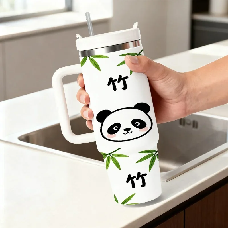 40oz Stainless Steel Insulated Tumbler, Playful Cartoon Panda & Bamboo Digital Print, Reusable Hot Cold Drink Cup for Daily Use, Office, Outdoor Commute & Home Drinks