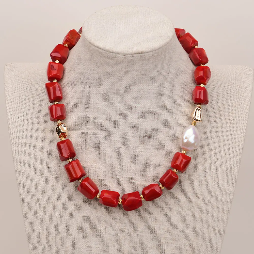 GG 19'' Natural Red Coral Irregular Nugget Branch Cultured White Keshi Pearl Necklace