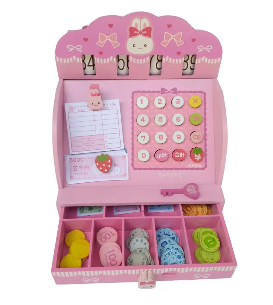 wooden Pink supermarket checkout counter pretend play set wooden cash register toy for the kids