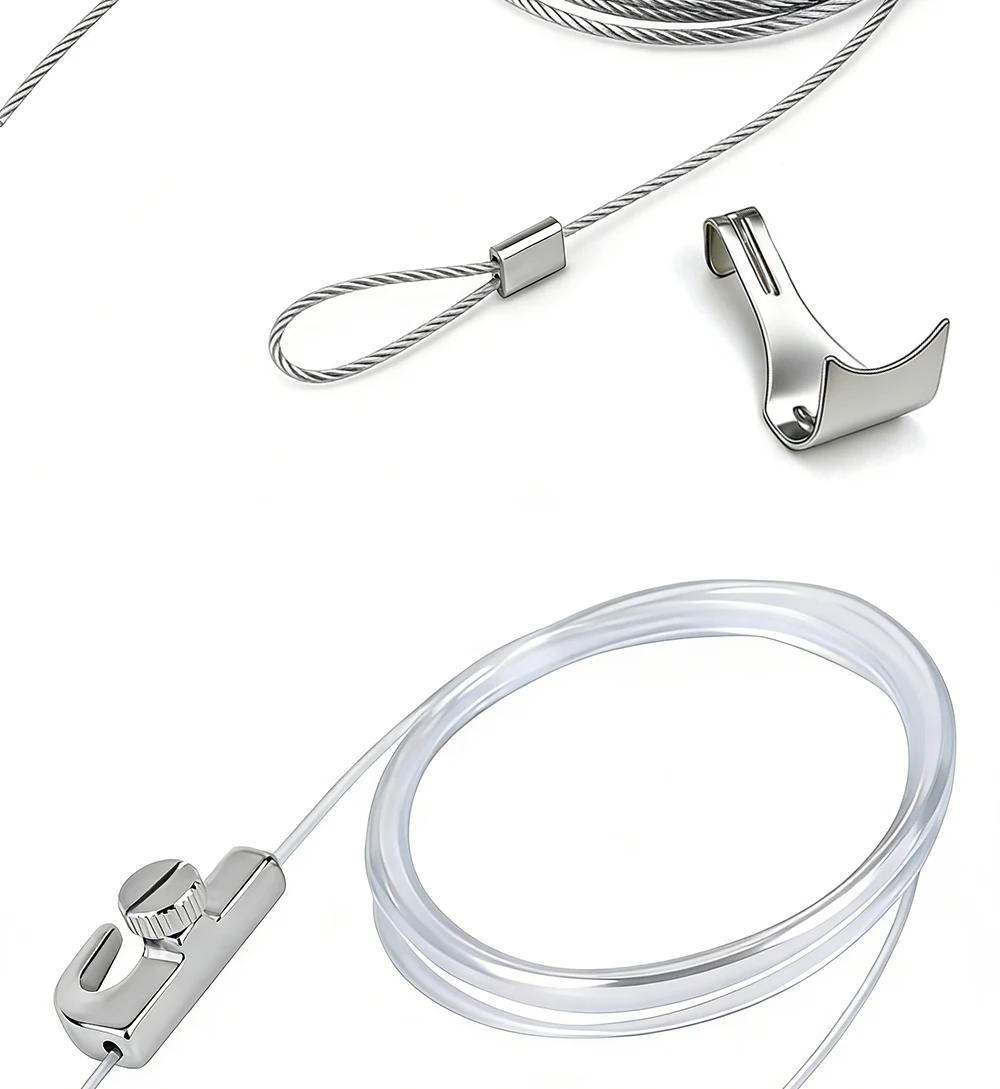 Nylonseil-Stahlseil-Set mit verstellbaren Schrauben, Hakenverschluss, unsichtbarer transparenter Seilklemme, Bilderrahmen-Aufhängesystem – Detail 3