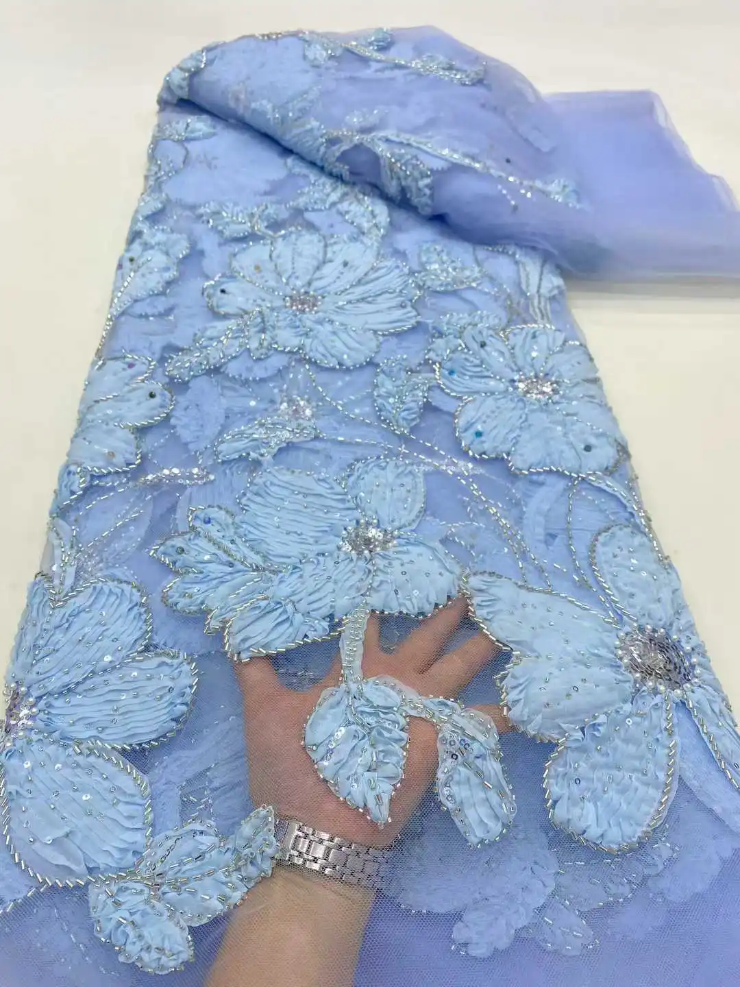 

5 Yards Luxury African Sequins Groom Lace Fabric 2025 High Quality French Nigerian Beaded Lace Fabric For Wedding Dress