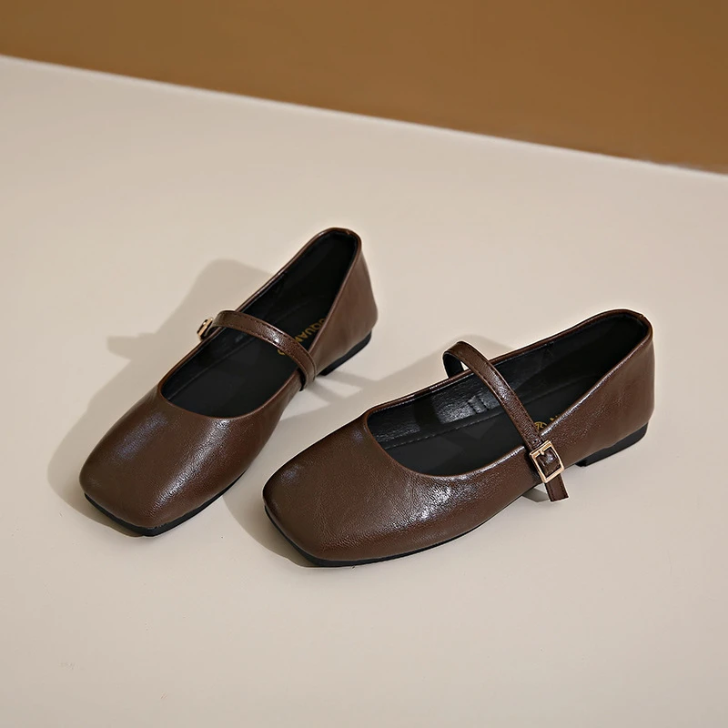 2025 Nuevas zapatillas Mary Janes Vintage francesas para mujer, zapatos planos de cuero genuino con hebilla de latón antiguo, zapatos de vestir de tacón bajo para primavera