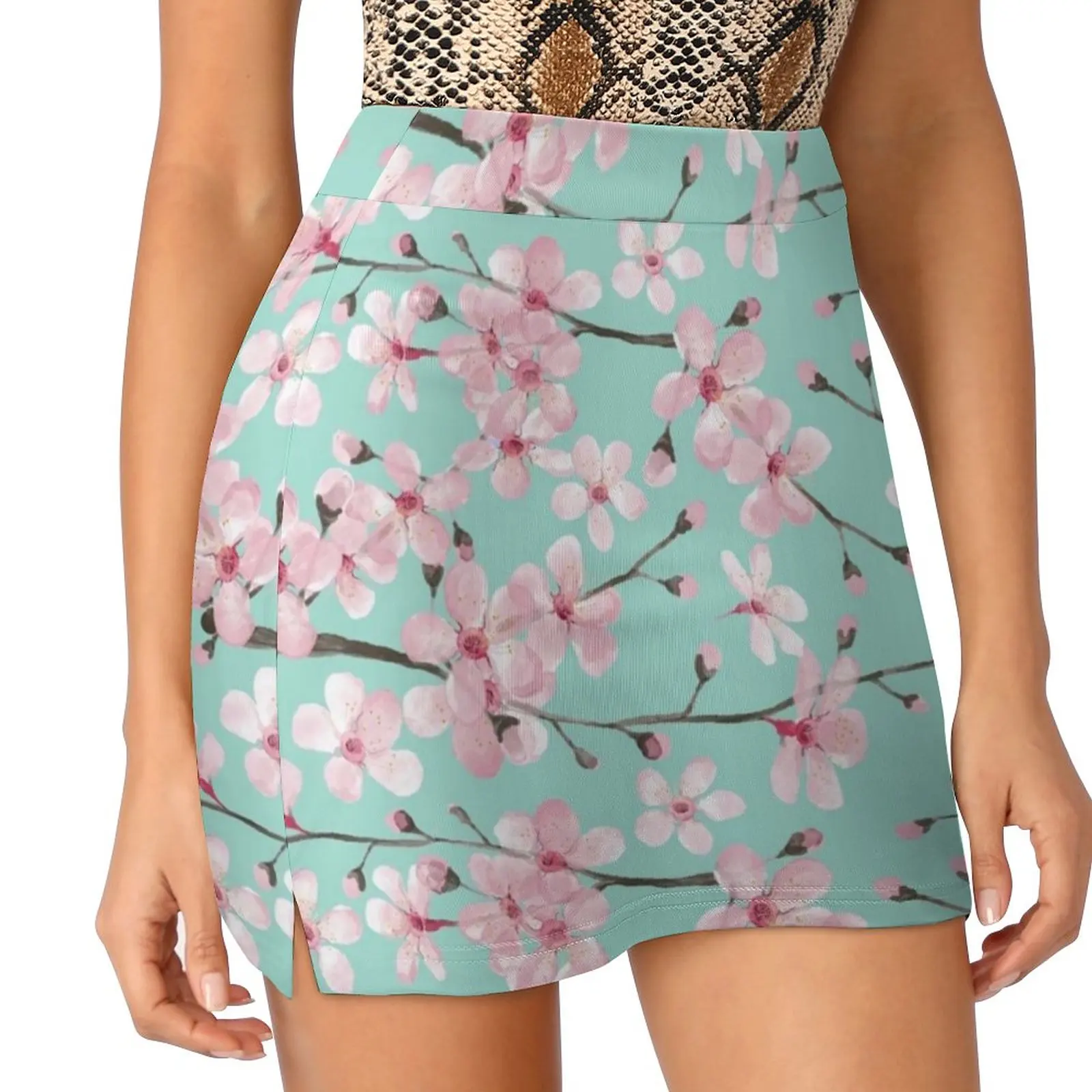 

Cherry Blossom On Mint , Pink Cherry Blossom Watercolor Women's skirt Mini Skirts A Line Skirt With Hide Pocket Cherry Blossom