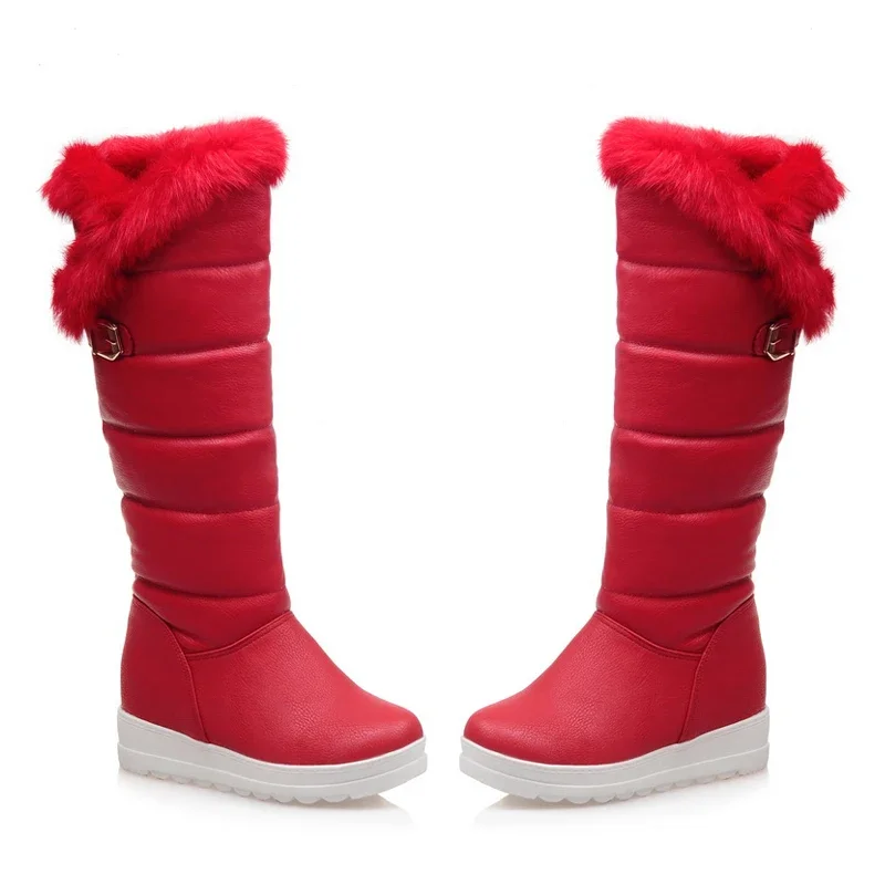 2024 Winter Women Warm Fur Plush Knee-high Snow Boots Red White Black Round Toe Buckle Height Increased Platform Lady Long Boots