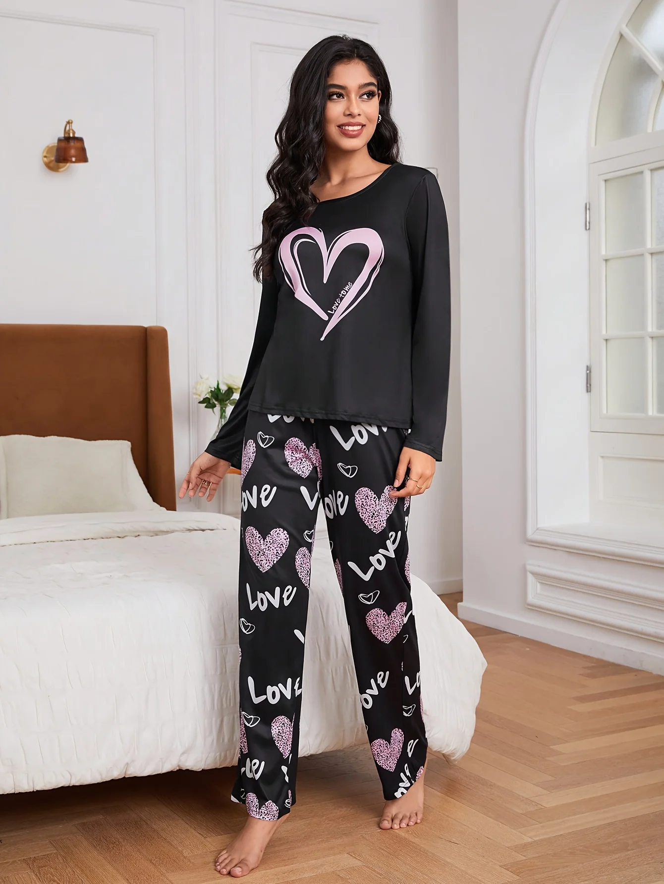 Love letter print pajama set with long sleeve crew neck top and elastic belt pants