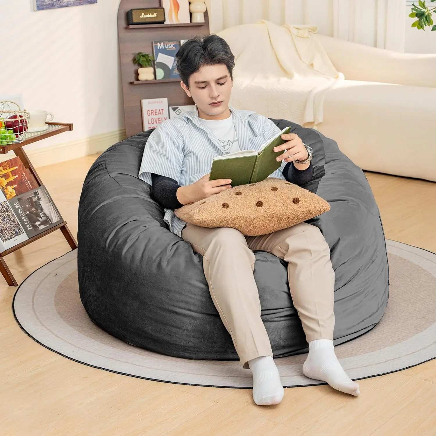 Bean Bag Chair, Foam Filled Bean Bag Chair for Adults with Removable Machine Washable Durable Velvet Cover for Living Room,