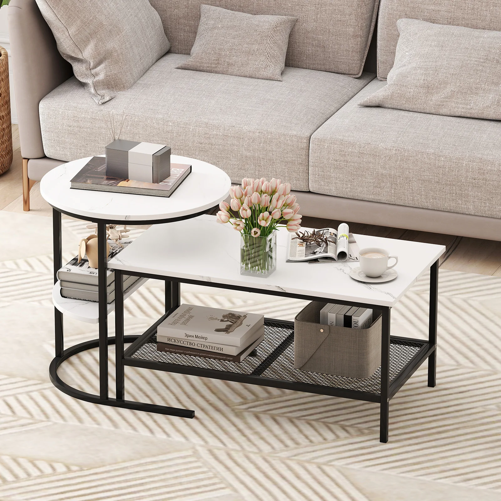 Coffee Table Set of 2, 2-Tier Coffee Table and Side End Table w/ Storage Shelves