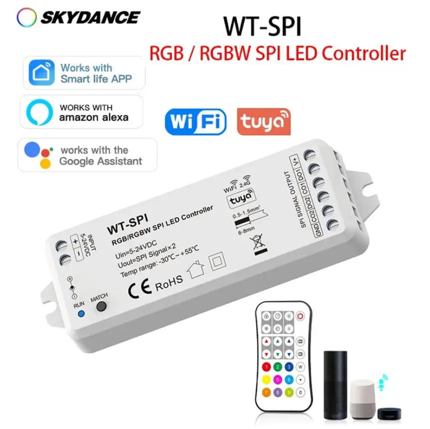 

Skydance music (WiFi+2.4G) RGB/RGBW SPI LED Controller Tuya APP Control use for WS2812B WS2811 WS2814 SK6812 Light